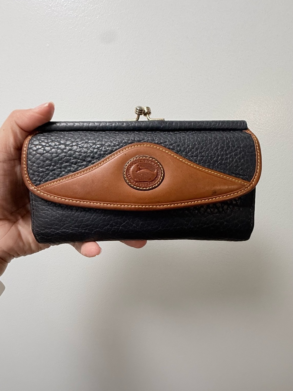 Vintage Dooney & Bourke Black Pebbled Leather Wallet with Brown Trim